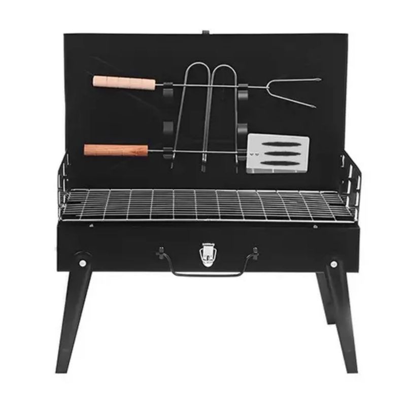 Parrilla Asador Plegable Con Accesorios Camping Portátil, Color Negro