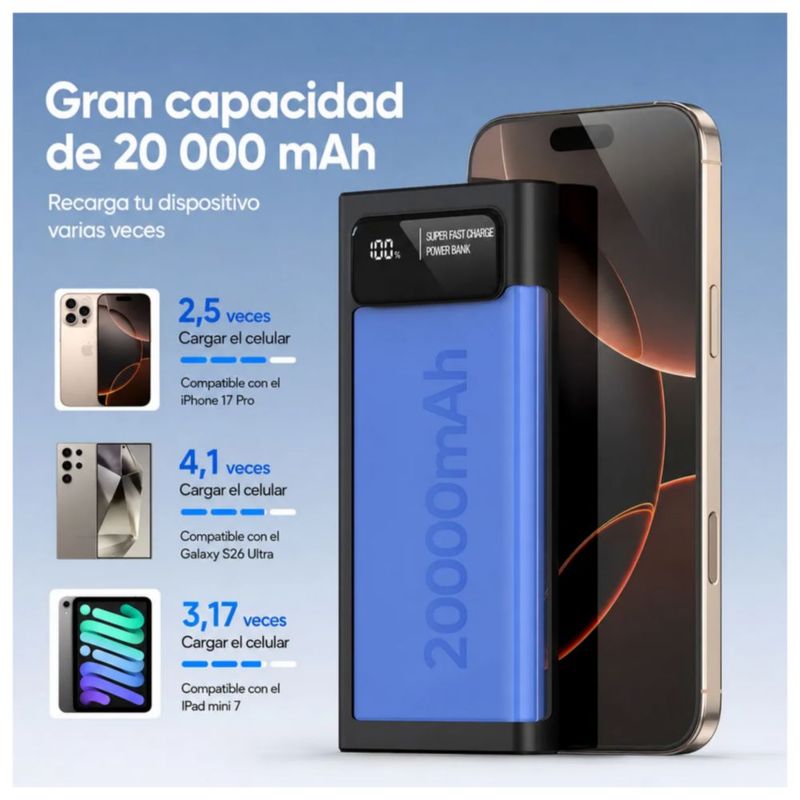 Power Bank 20000mah Batería Portátil 66w Carga Rápida, Color Negro