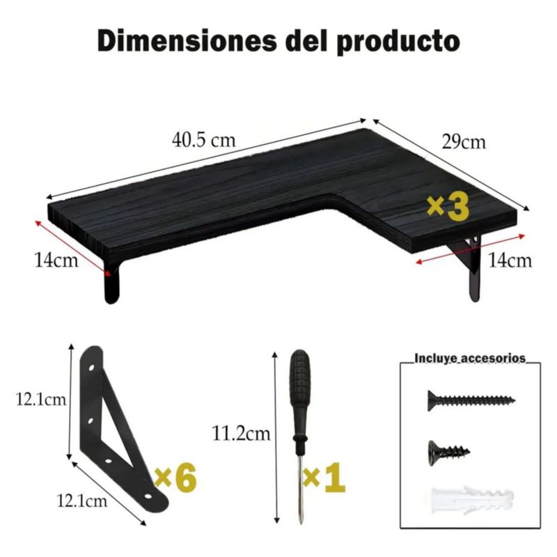 3 Repisa Estante Minimalista Esquinera Flotante Moderna Color Negro