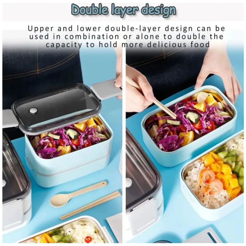 Contenedor Lonchera Box Lunch Doble Acero Térmica Hermético, Color Azul agua