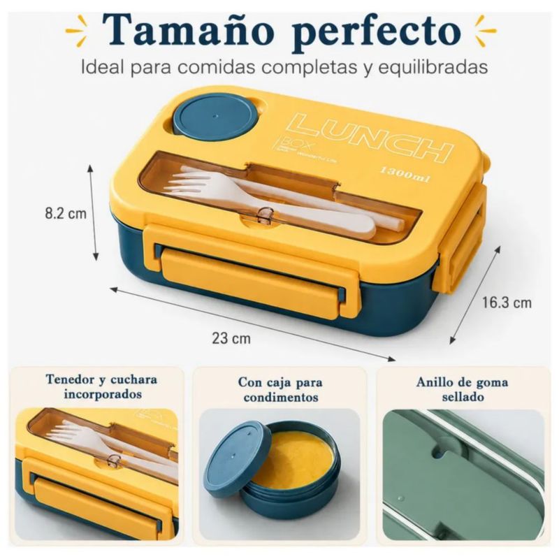 Lunch Box Fiambrera Lonchera Termica Con Cubiertos 1300 Ml, Color Azul y Amarillo