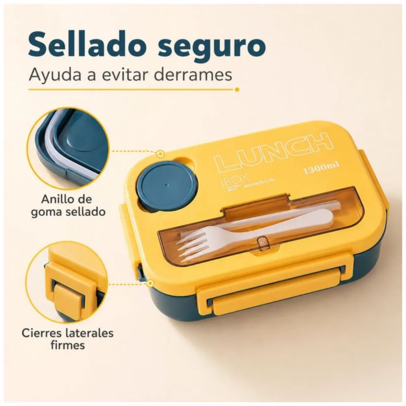 Lunch Box Fiambrera Lonchera Termica Con Cubiertos 1300 Ml, Color Azul y Amarillo