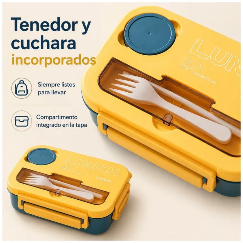 Lunch Box Fiambrera Lonchera Termica Con Cubiertos 1300 Ml, Color Azul y Amarillo