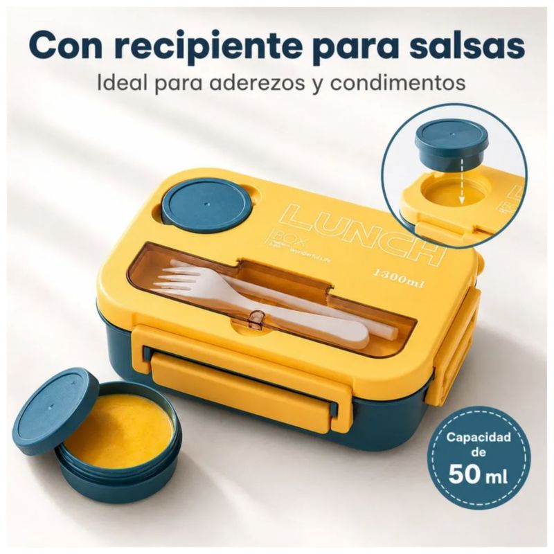Lunch Box Fiambrera Lonchera Termica Con Cubiertos 1300 Ml, Color Azul y Amarillo