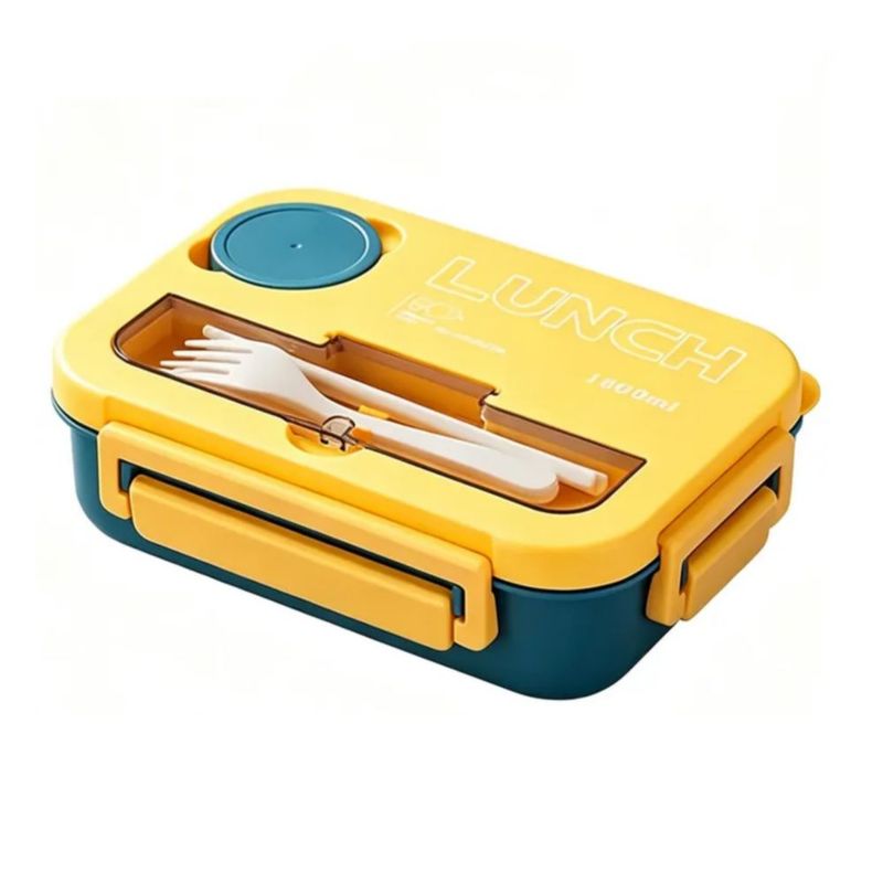 Lunch Box Fiambrera Lonchera Termica Con Cubiertos 1300 Ml, Color Azul y Amarillo