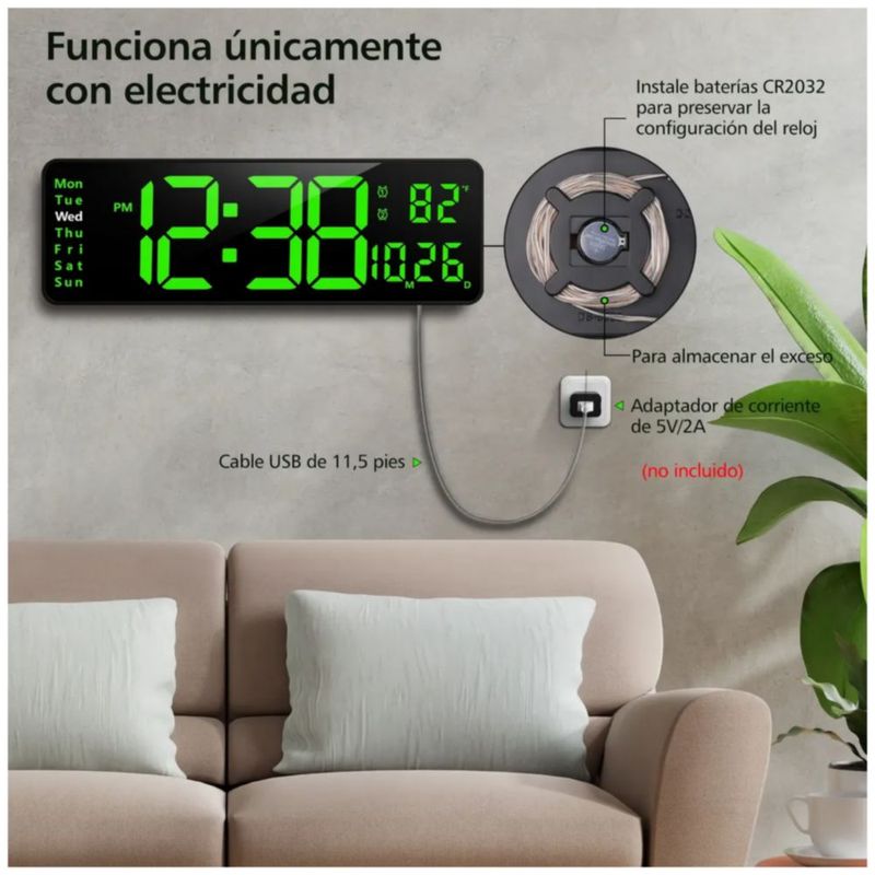 Reloj De Pared Digital Led Decorativo Con Termómetro, Color Negro
