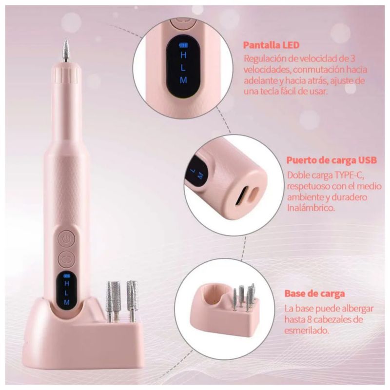 Pulidor Esmeril Uñas Taladro Para Uñas Inalámbrico, Color Rosa
