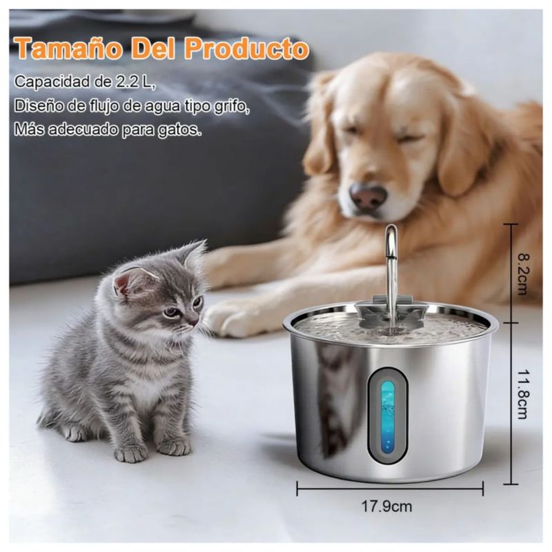 Bebedero Fuente Gatos Perros Acero Inoxidable Automático 2l, Color Plata