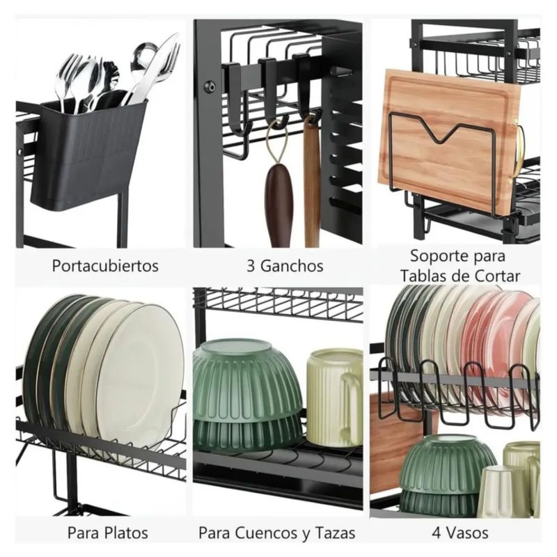Escurridor De Platos Grande De Acero Al Carbono De 2 Niveles, Color Negro