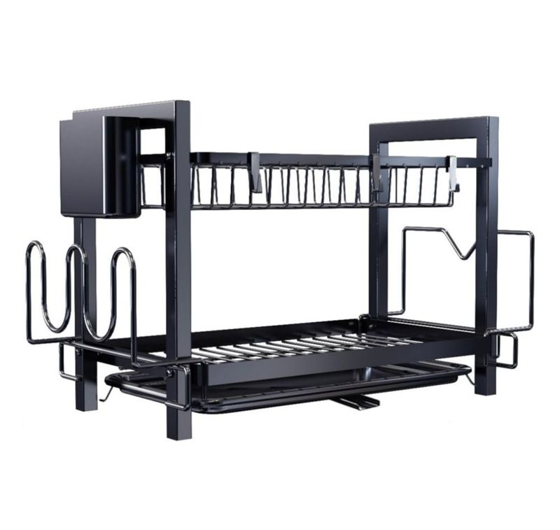 Escurridor De Platos Grande De Acero Al Carbono De 2 Niveles, Color Negro