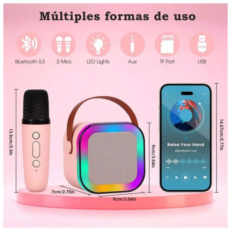 Karaoke Para Niños Con 2 Micrófonos Inalámbricos Con Bocina 3pz, Color Rosa