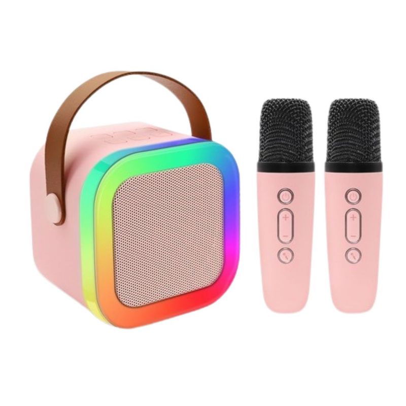 Karaoke Para Niños Con 2 Micrófonos Inalámbricos Con Bocina 3pz, Color Rosa