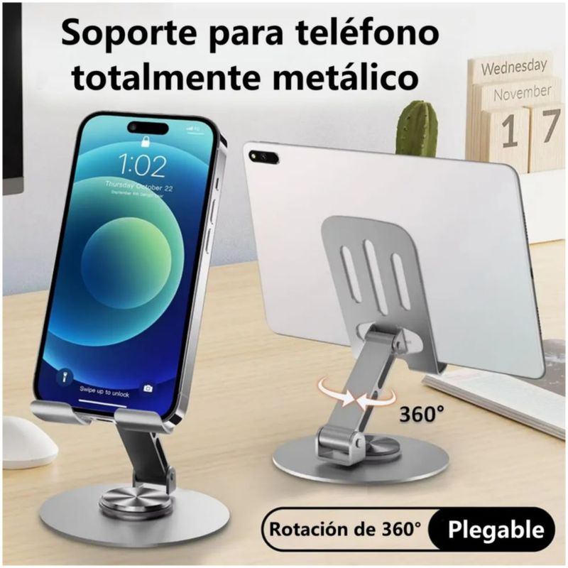 Soporte De Celular, Giratorio de Metal Color Plata