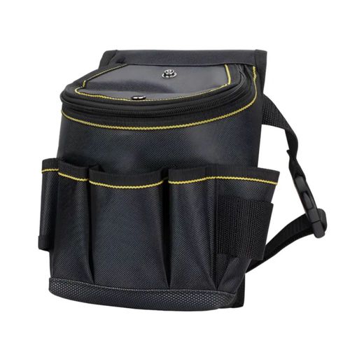 Bolsa Porta Herramientas Cinturón Electricistas Con Tapa, Color Negro con costuras amarillas