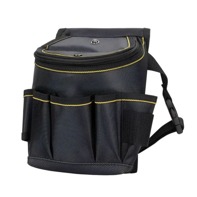 Bolsa Porta Herramientas Cinturón Electricistas Con Tapa, Color Negro con costuras amarillas