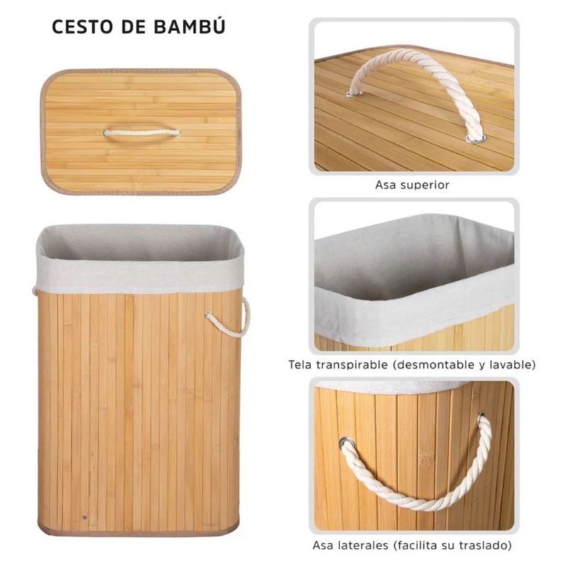 Cesto Ropa Sucia Y Lavandería Bambú Con Asas, Color Caqui