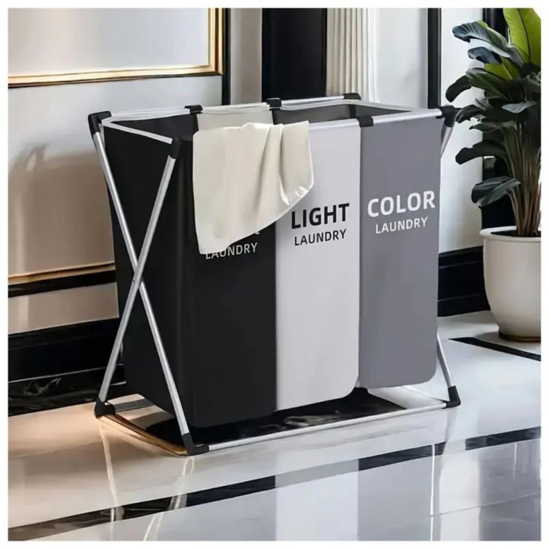 Cesto Ropa Sucia, Grande Con 3 Secciones, Color gris negro blanco