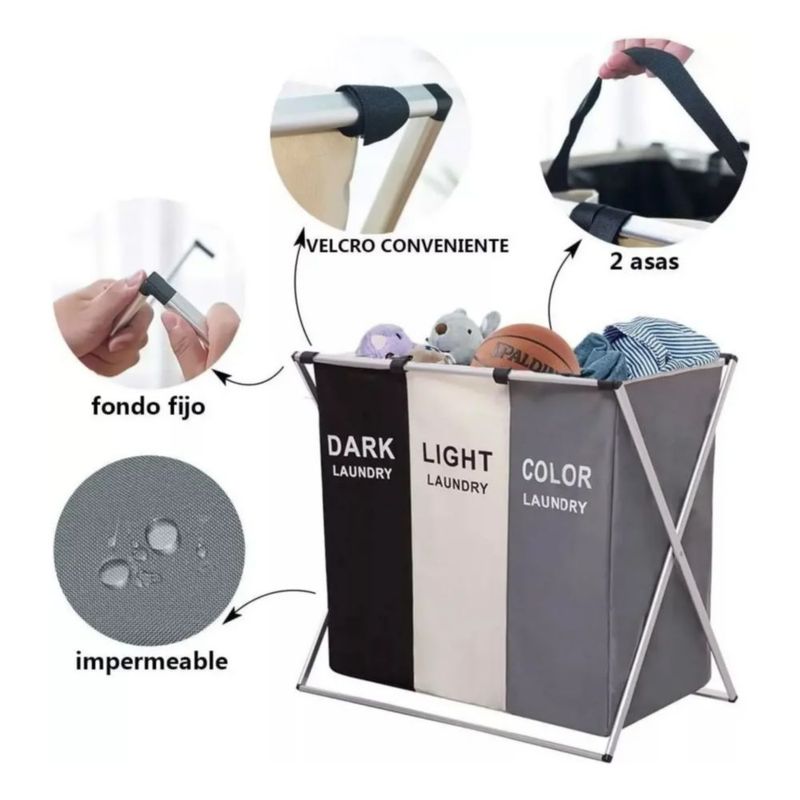 Cesto Ropa Sucia, Grande Con 3 Secciones, Color gris negro blanco