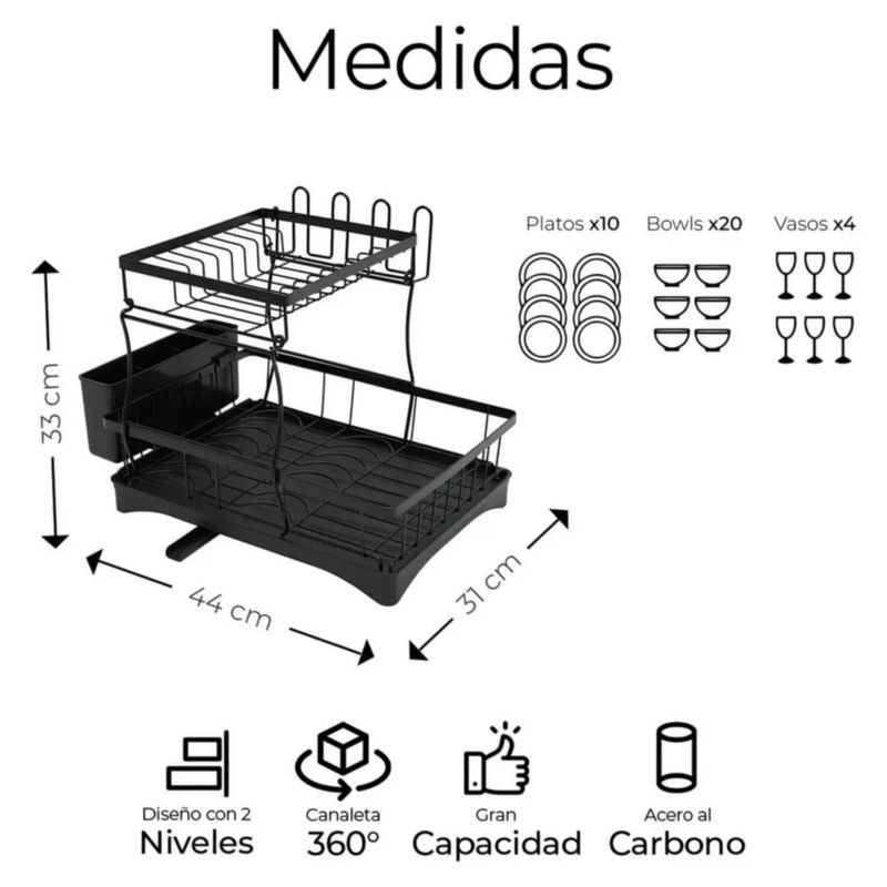 Escurridor Trastes Pro 2 Niveles Bandeja Con Canaleta 360° Color Negro