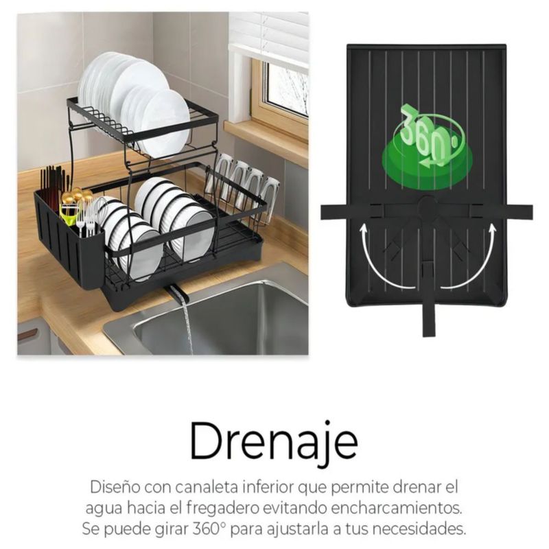 Escurridor Trastes Pro 2 Niveles Bandeja Con Canaleta 360° Color Negro