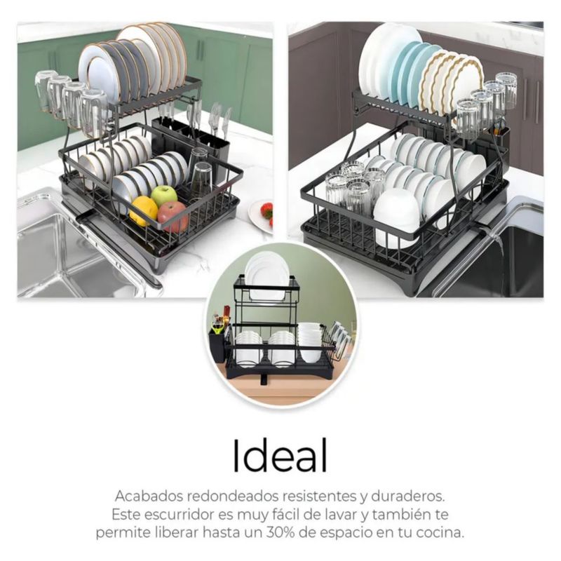 Escurridor Trastes Pro 2 Niveles Bandeja Con Canaleta 360° Color Negro
