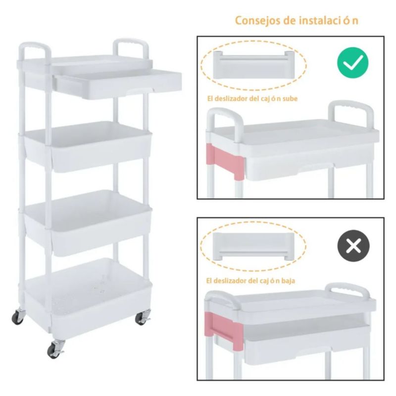 Carrito Organizador 4 Niveles Multiusos Estantes Con Cajón, Color Blanco