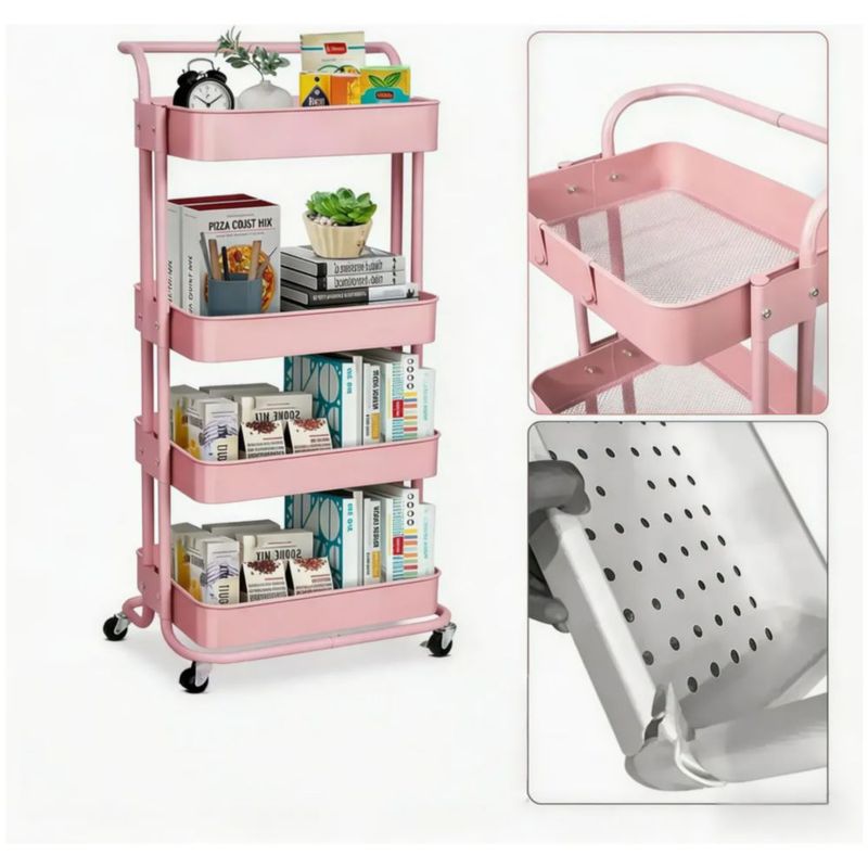 Carrito Auxiliar Estética Multiuso 4 Estantes Con Pasamanoz, Color Rosa