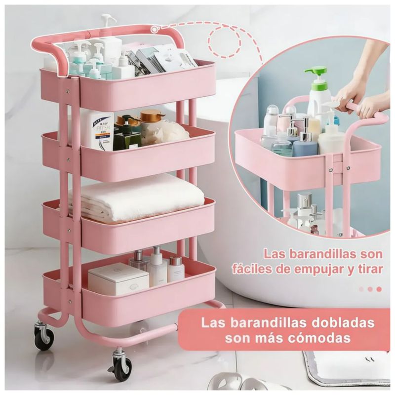 Carrito Auxiliar Estética Multiuso 4 Estantes Con Pasamanoz, Color Rosa