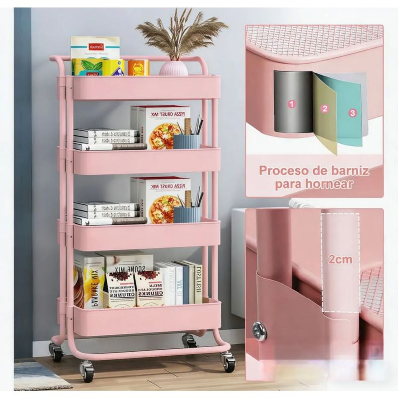 Carrito Auxiliar Estética Multiuso 4 Estantes Con Pasamanoz, Color Rosa