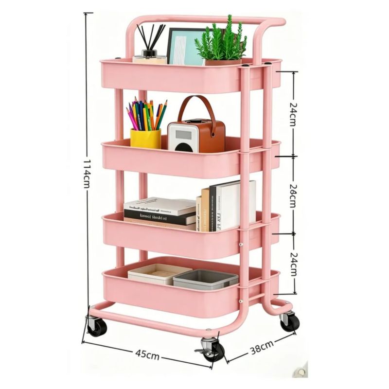 Carrito Auxiliar Estética Multiuso 4 Estantes Con Pasamanoz, Color Rosa