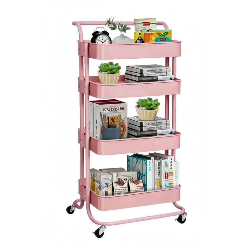 Carrito Auxiliar Estética Multiuso 4 Estantes Con Pasamanoz, Color Rosa