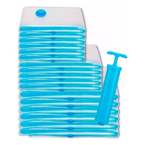 Bolsas Almacenamiento Al Vacío 18 Pzs Ropa Y Edredón+ Bomba, Color Azul