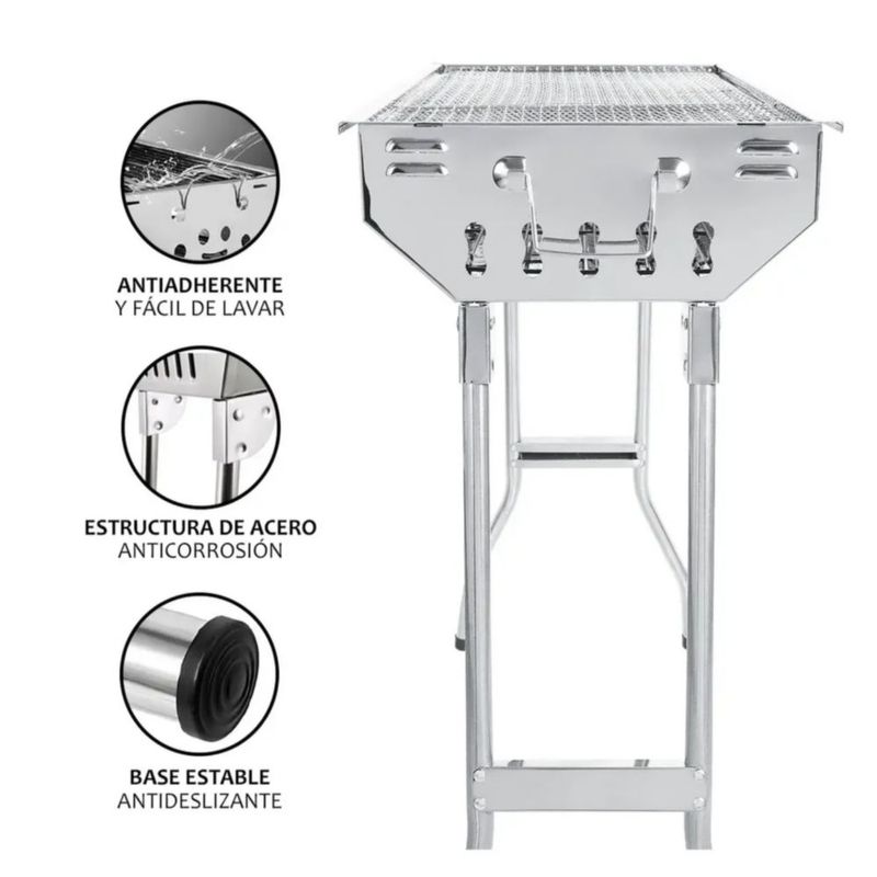 Parrilla Asador De Carbón Portátil Plegable Acero Inoxidable, Color Plateado