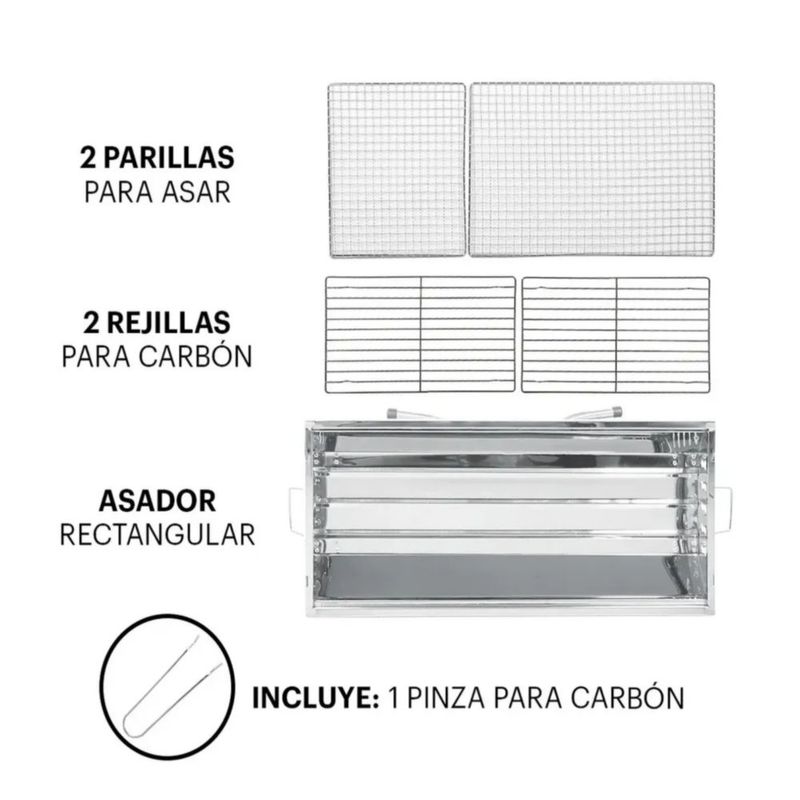 Parrilla Asador De Carbón Portátil Plegable Acero Inoxidable, Color Plateado