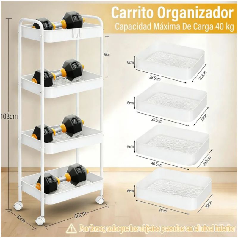 Carrito Organizador De 4 Niveles Para Cocina, Color Blanco