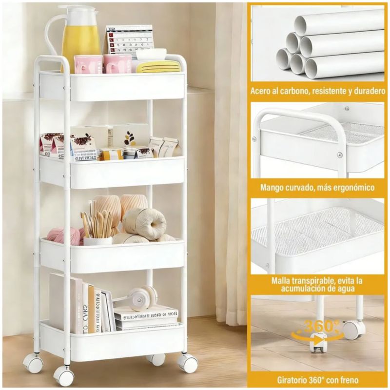 Carrito Organizador De 4 Niveles Para Cocina, Color Blanco