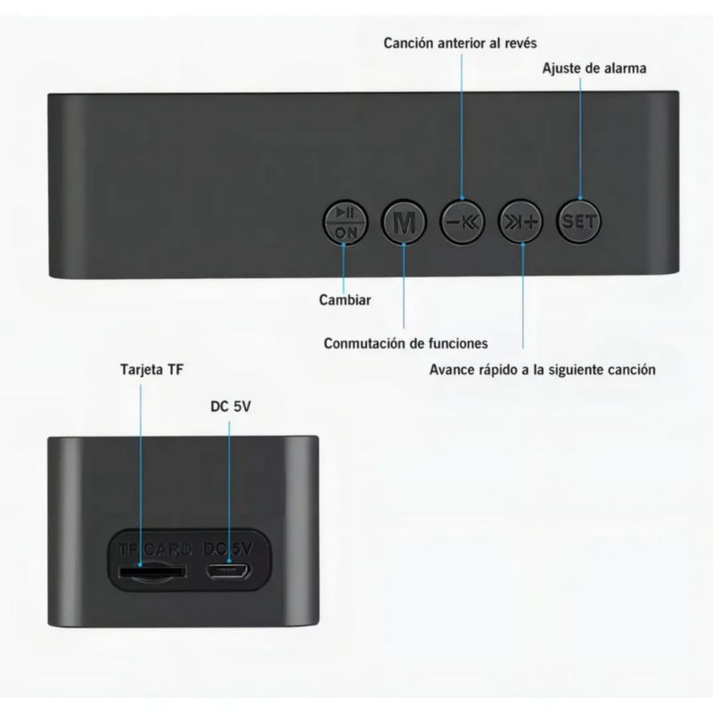 Reloj Despertador Digital Radio Y Altavoz Bluetooth, Color Negro