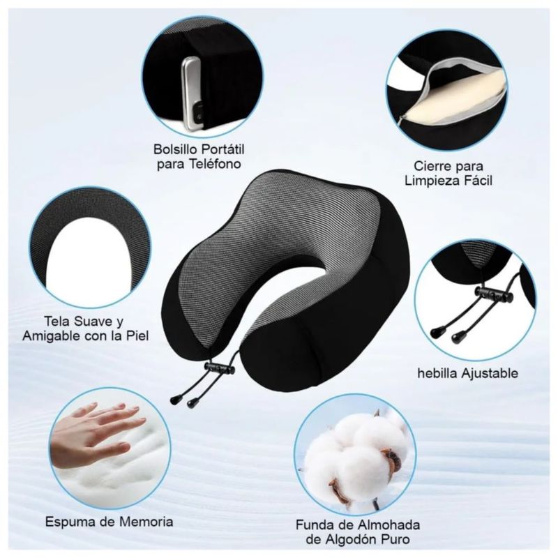 Almohada De Espuma Viscoelástica Para Viaje Negra Con Gris