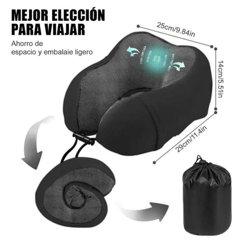 Almohada De Espuma Viscoelástica Para Viaje Negra Con Gris