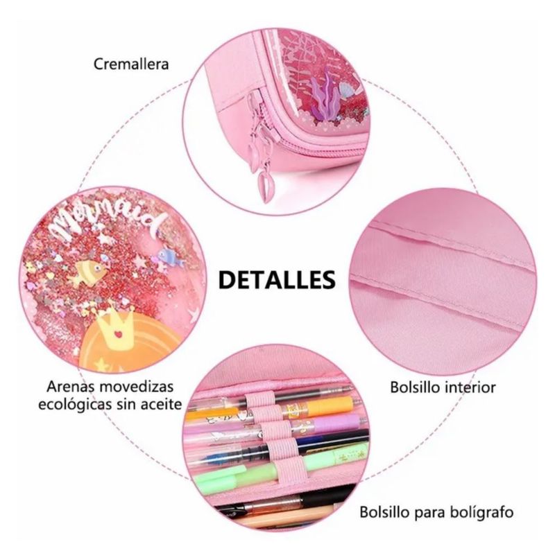 Lapicera De Gran Capacidad Para Niñas Sirena, Color Rosa