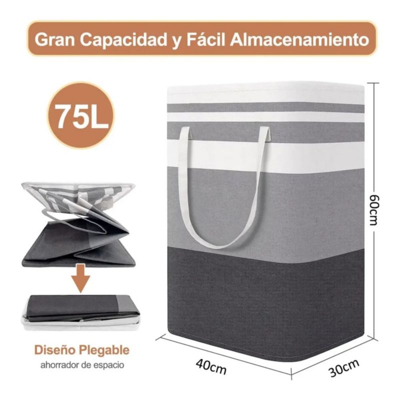 Cesto Grande P/ropa Sucia Y Lavandería Plegable De 75l, 2 Pz Gris Raya Orizontal