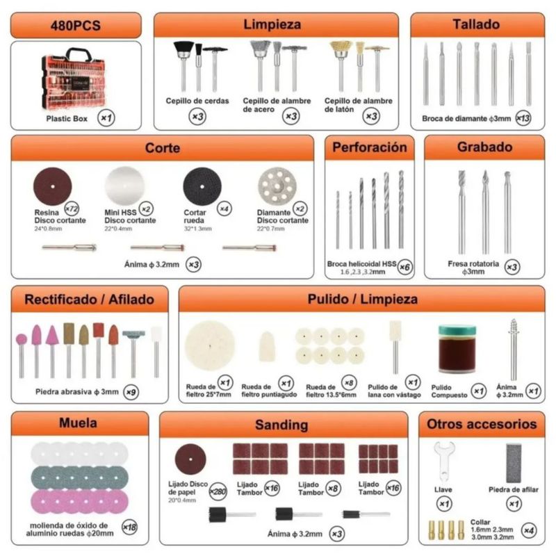 Kit 480 Pzas Accesorios Para Mini Taladro Mototool Negro Naranja