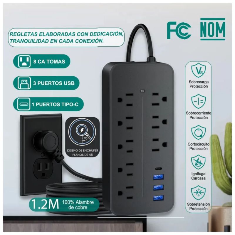 Regleta Cargador Multicontactos Con 8 Salidas 3 Usb 1 Tipo C, Color Negro