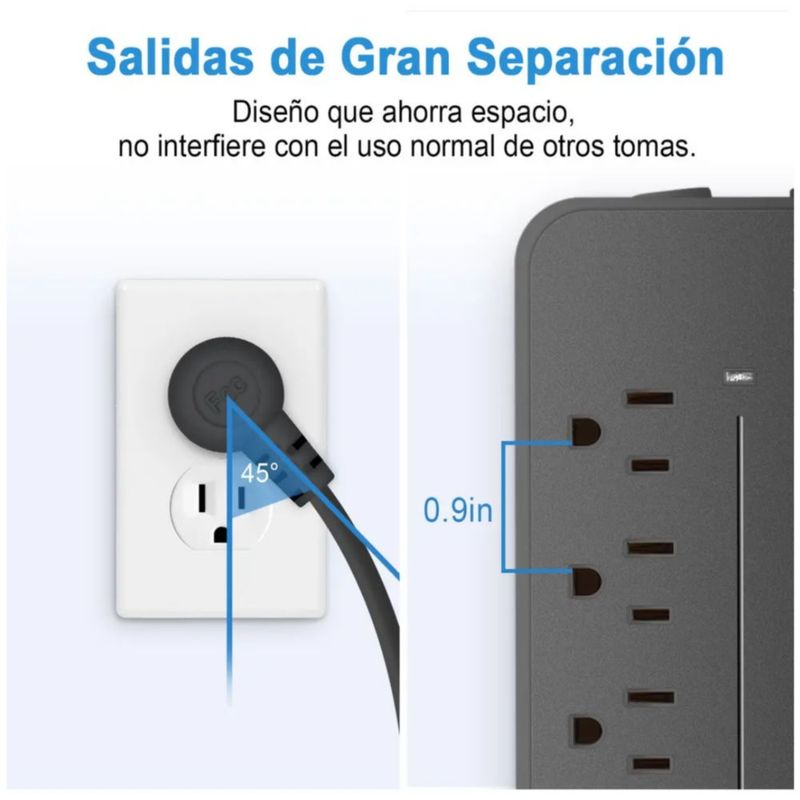 Regleta Cargador Multicontactos Con 8 Salidas 3 Usb 1 Tipo C, Color Negro