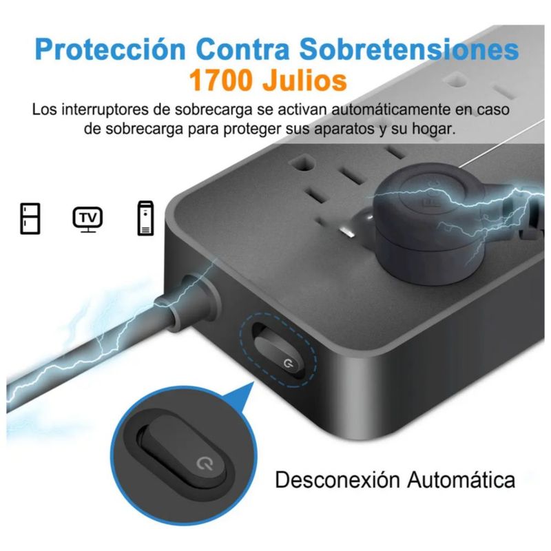 Regleta Cargador Multicontactos Con 8 Salidas 3 Usb 1 Tipo C, Color Negro