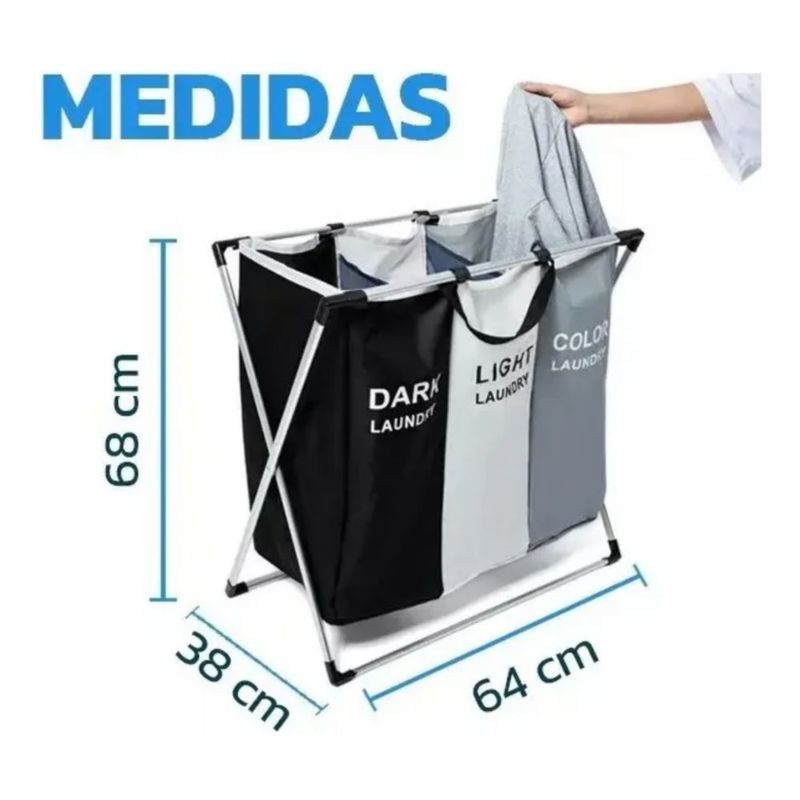 Cesto Canasto De Ropa Sucia Plegable 3 Compartimientos Gris/Blanco/Negro