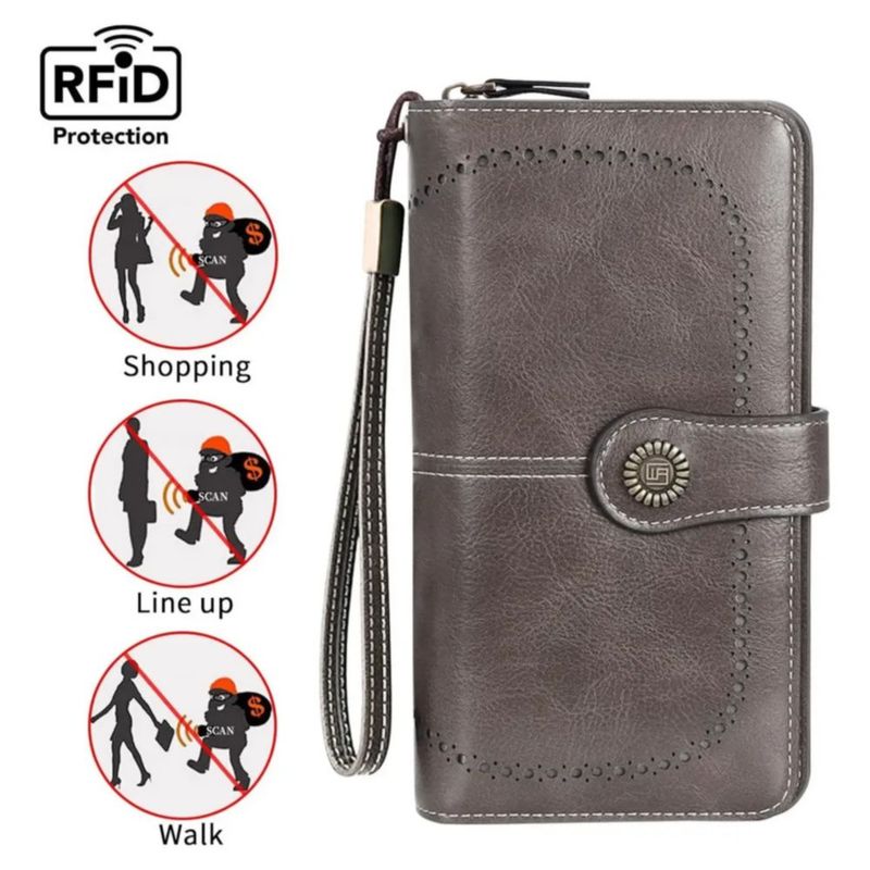 Cartera Para Mujer Gran Capacidad,billetera Con Bloqueo Rfid, Color Gris