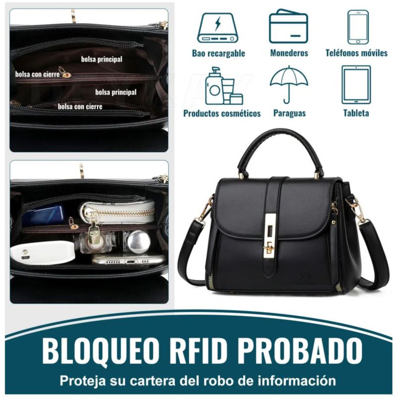 Bolsa Mujer Impermeable Tote Crossbody Bandolera De Pu, Color Negro