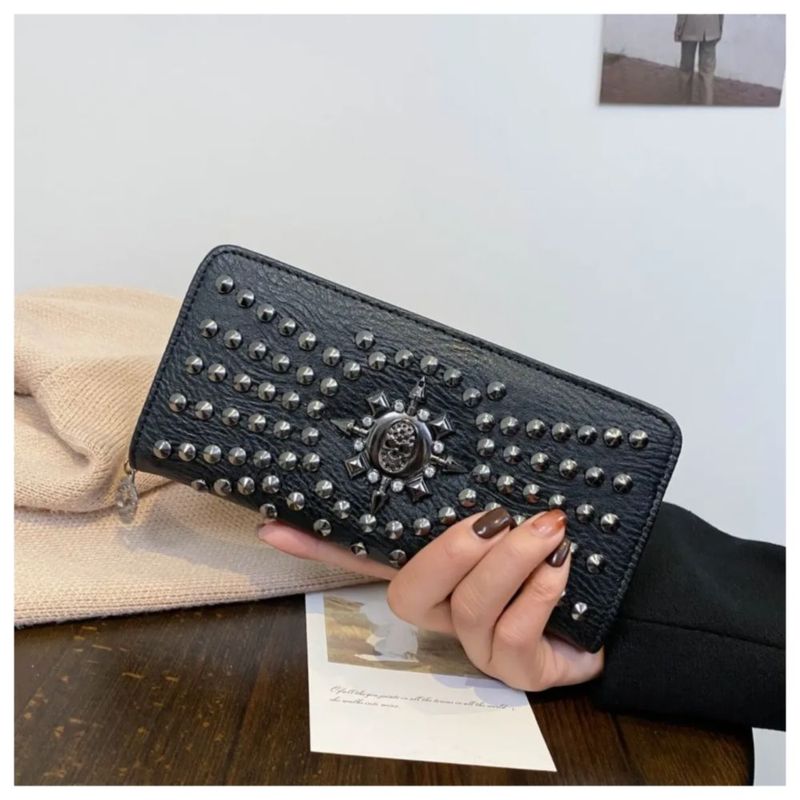 Cartera Larga De Piel De Calavera Con Cremallera Color Negro