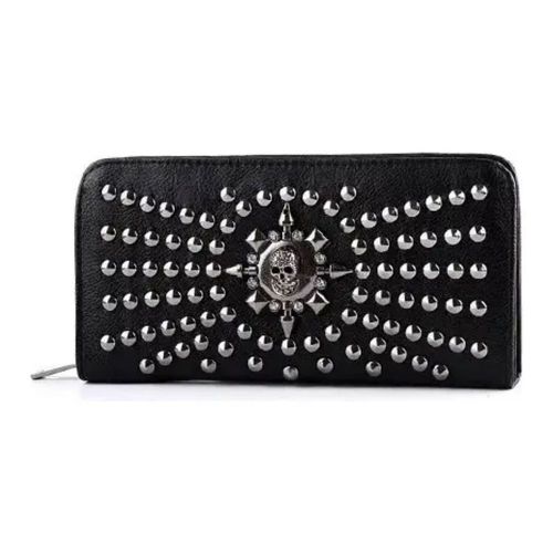 Cartera Larga De Piel De Calavera Con Cremallera Color Negro